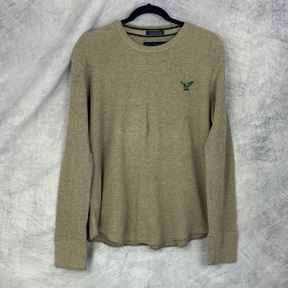vtg y2k American Eagle Mens Thermal Shirt sz L Tan logo grunge distressed raw